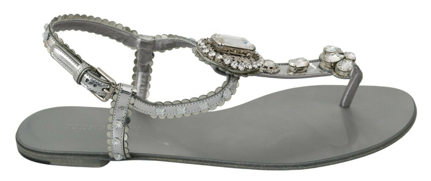 Dolce & Gabbana Elegant Silver Flats with Crystal Embellishments