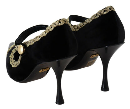 Dolce &amp; Gabbana Schwarze verzierte Mary-Jane-Pumps aus Samt