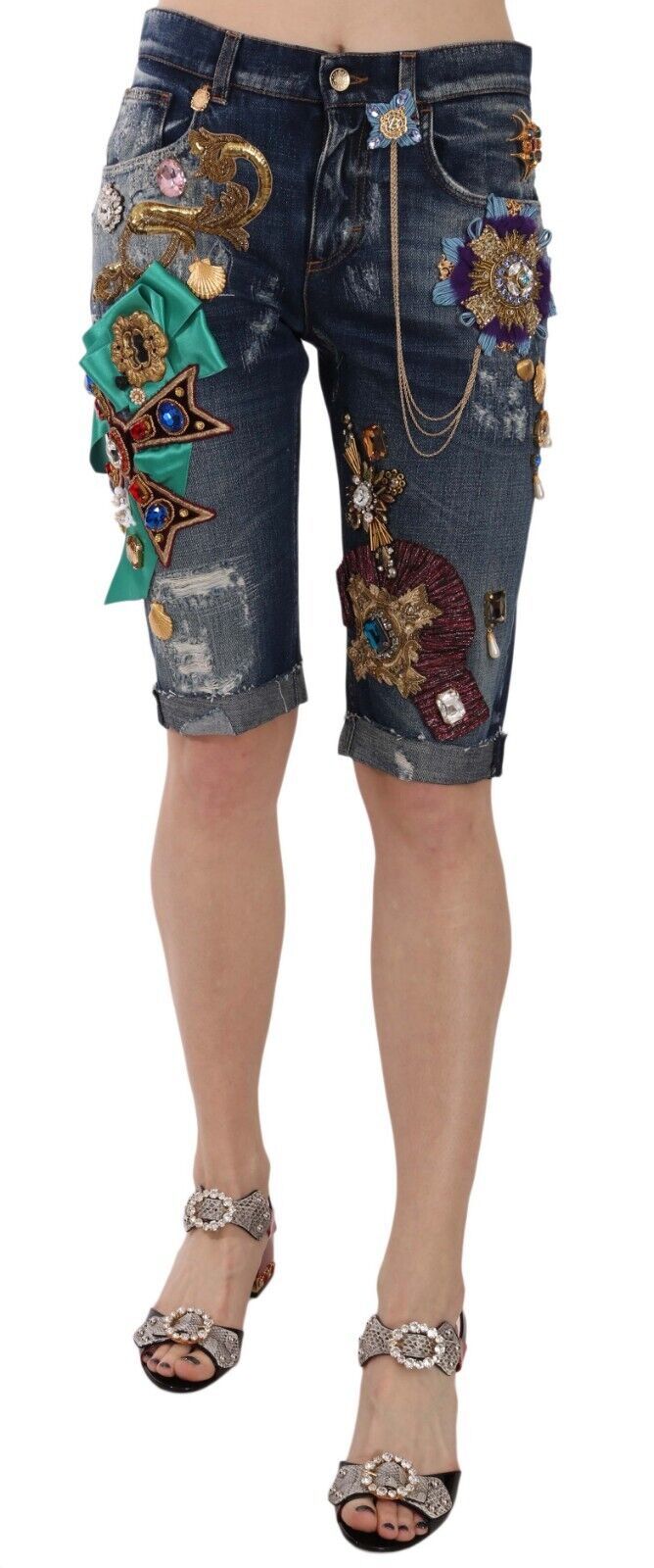 Dolce &amp; Gabbana Blaue Denim-Caprishorts mit mittlerer Taille und Kristallen