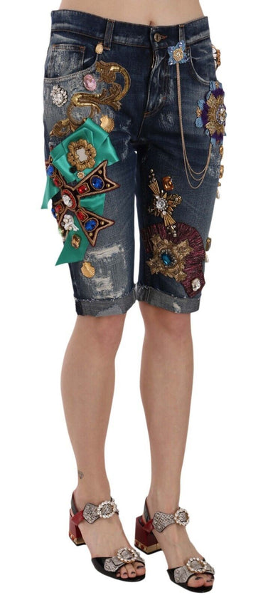 Dolce &amp; Gabbana Blaue Denim-Caprishorts mit mittlerer Taille und Kristallen