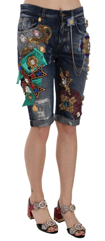 Dolce &amp; Gabbana Blaue Denim-Caprishorts mit mittlerer Taille und Kristallen