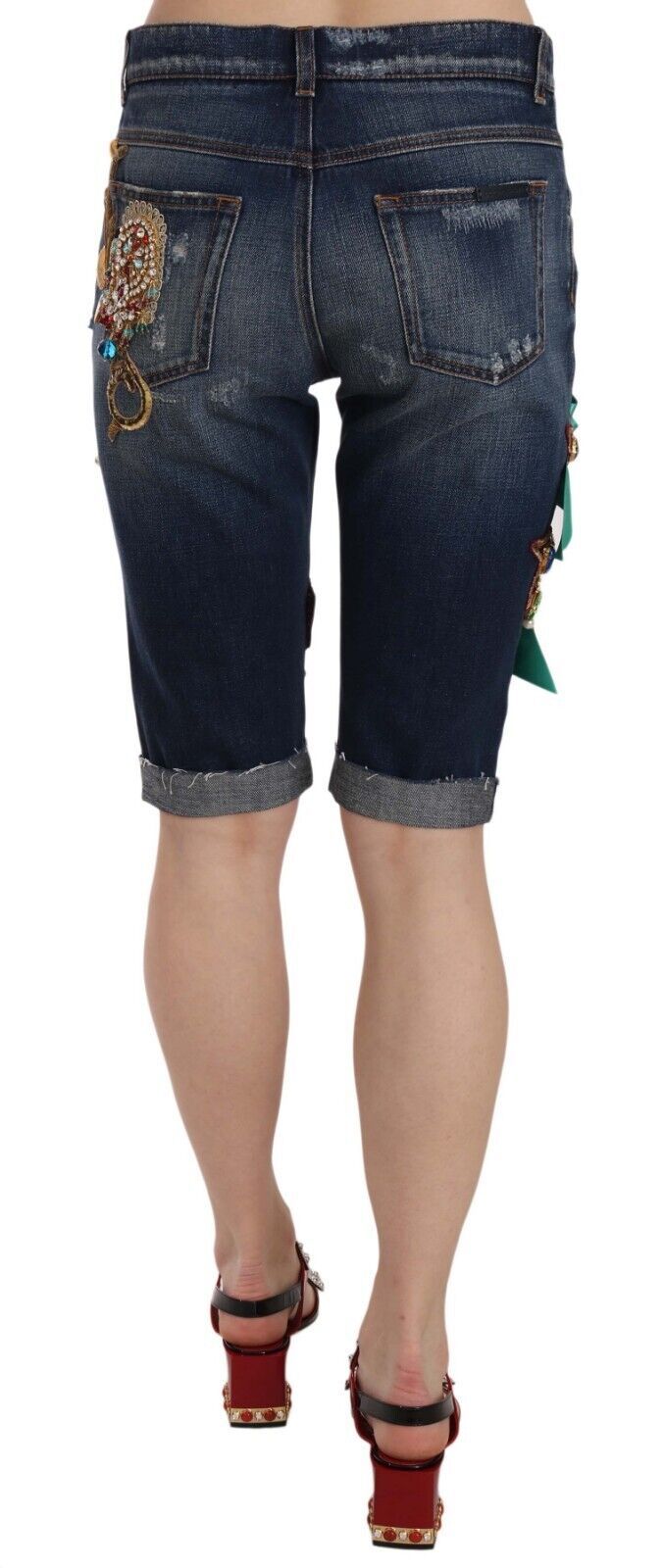 Dolce &amp; Gabbana Blaue Denim-Caprishorts mit mittlerer Taille und Kristallen