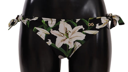 Dolce &amp; Gabbana Bikinihose, schwarzer Badeanzug mit Lilienmuster, Badebekleidung