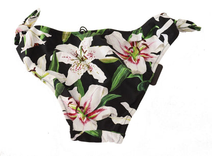 Dolce &amp; Gabbana Bikinihose, schwarzer Badeanzug mit Lilienmuster, Badebekleidung