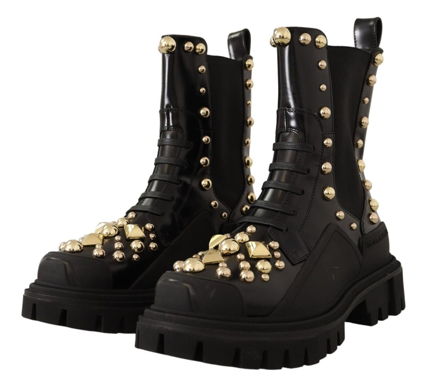 Dolce &amp; Gabbana Kampfstiefel aus schwarzem Leder mit Nieten