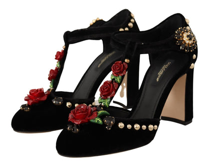 Dolce &amp; Gabbana Schwarze Mary Jane Pumps Rosen Kristalle Schuhe