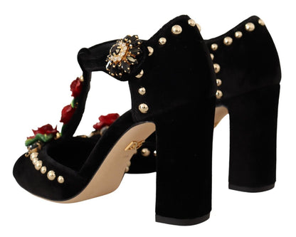 Dolce &amp; Gabbana Schwarze Mary Jane Pumps Rosen Kristalle Schuhe