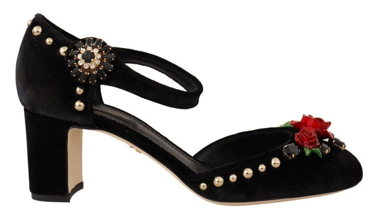 Dolce &amp; Gabbana Schwarze Samt-Rosen-Pumps mit Knöchelriemen