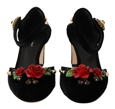 Dolce &amp; Gabbana Schwarze Samt-Rosen-Pumps mit Knöchelriemen