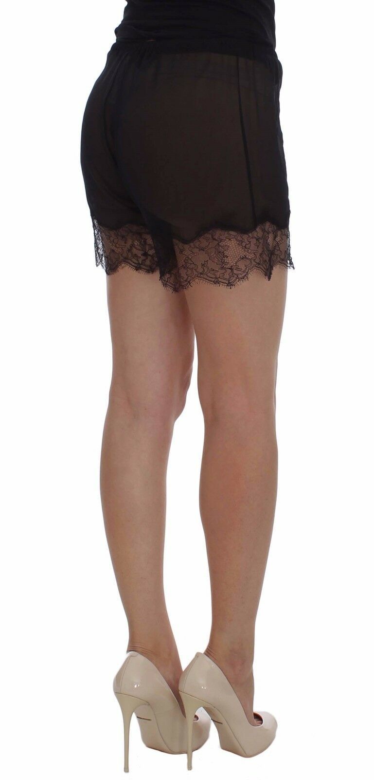 Dolce &amp; Gabbana Schwarze Nachtwäsche-Shorts aus Seide mit floraler Spitze