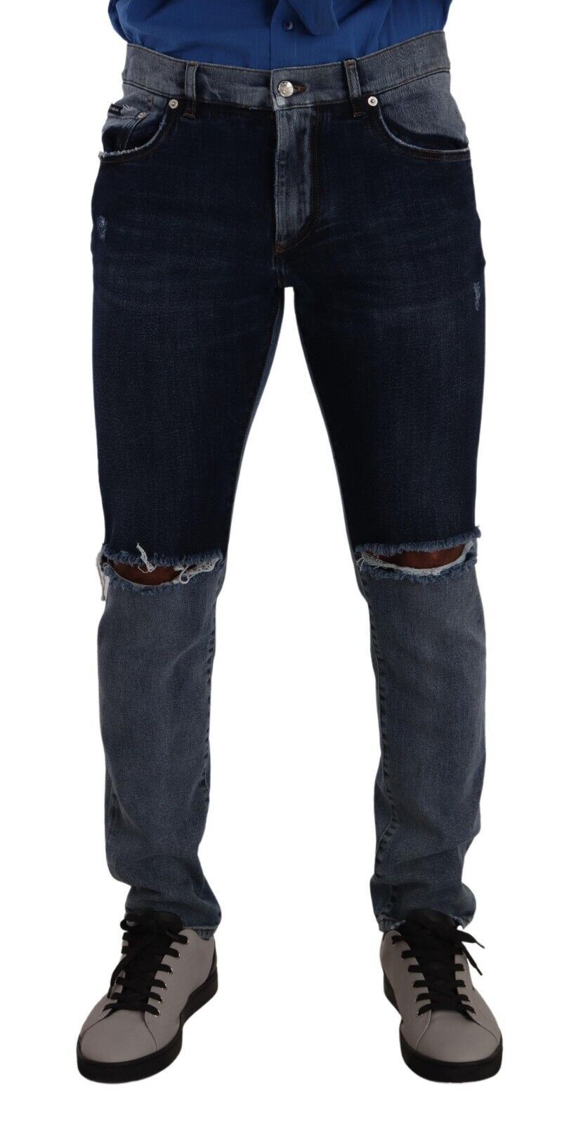 Dolce &amp; Gabbana Blaue, zweifarbige Slim-Denim-Jeans aus zerfetzter Baumwolle