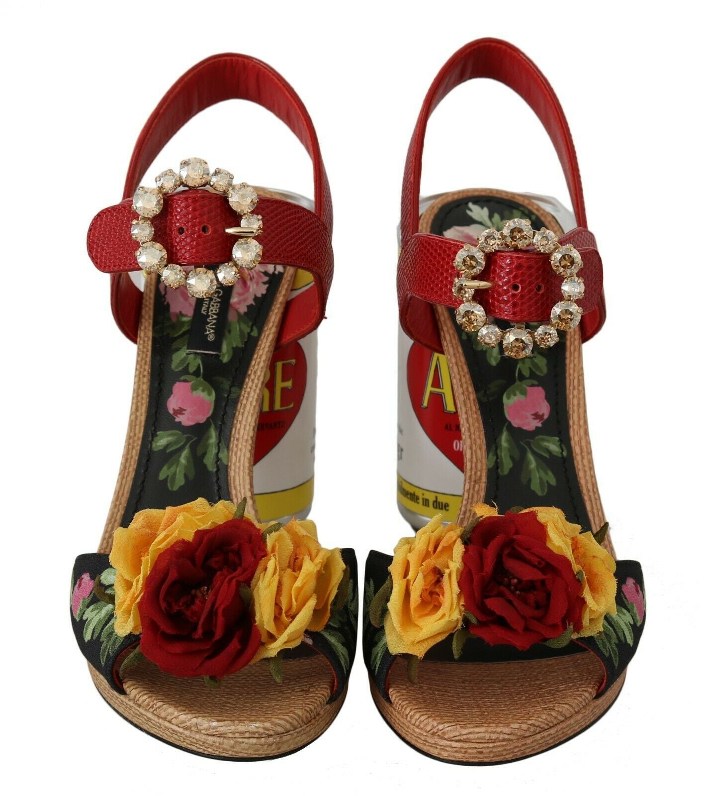 Mehrfarbige, mit Blumen verzierte zylindrische Absätze von Dolce &amp; Gabbana, AMORE-Sandalen