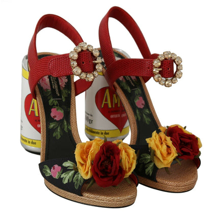 Mehrfarbige, mit Blumen verzierte zylindrische Absätze von Dolce &amp; Gabbana, AMORE-Sandalen