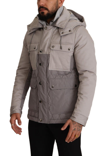 Dolce &amp; Gabbana Graue Baumwoll-Windbreaker-Parka mit Kapuze