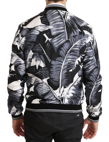 Dolce &amp; Gabbana Schwarze Seiden-Bomberjacke mit Bananenblatt-Print