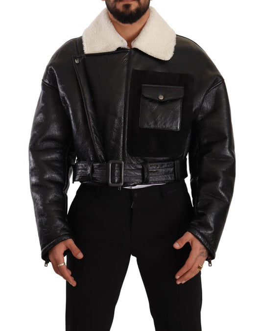 Dolce &amp; Gabbana Biker-Manteljacke aus schwarzem Lammfellleder