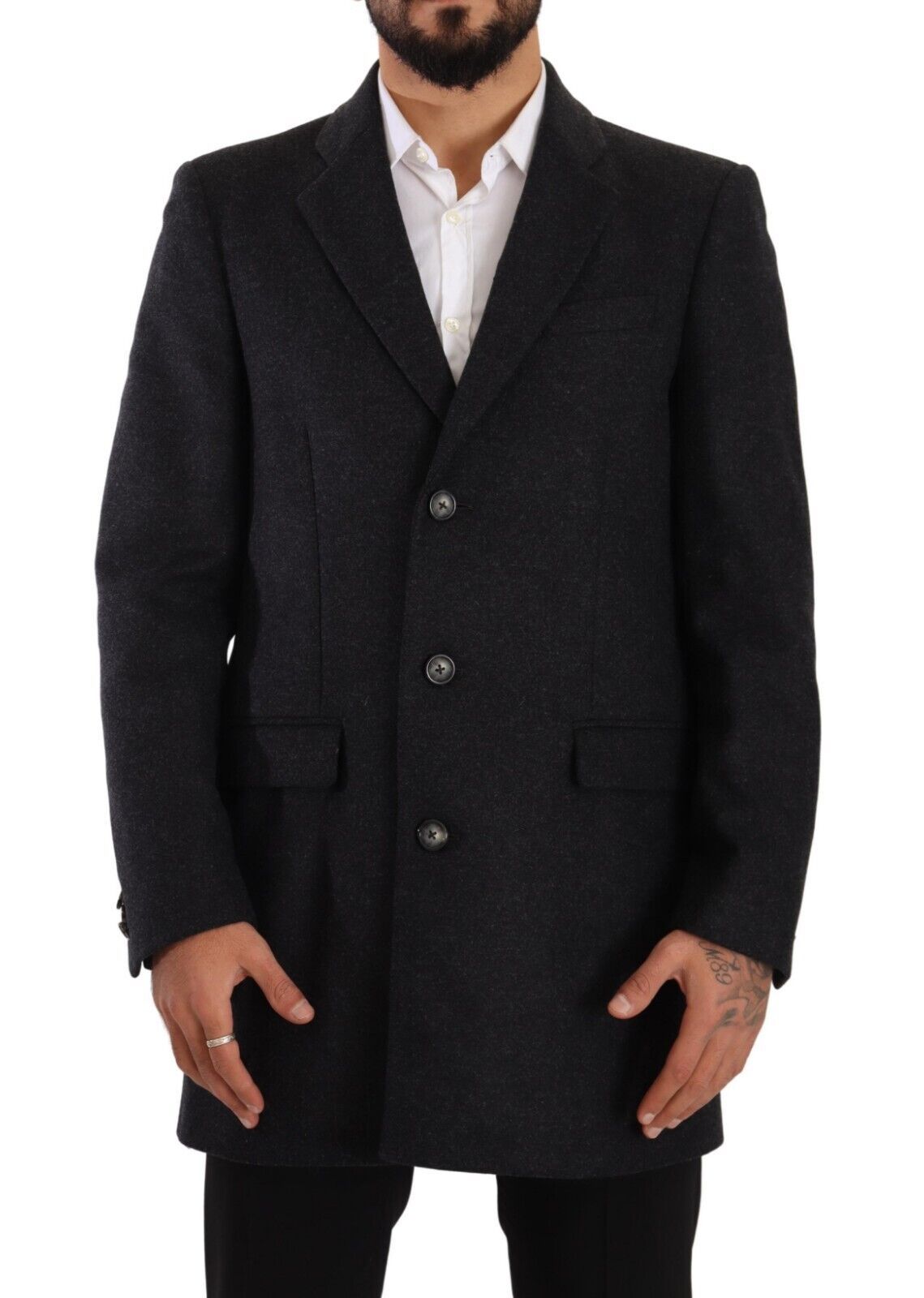 Dolce &amp; Gabbana Dunkelgraue Woll-Over-Trenchcoat-Herrenjacke