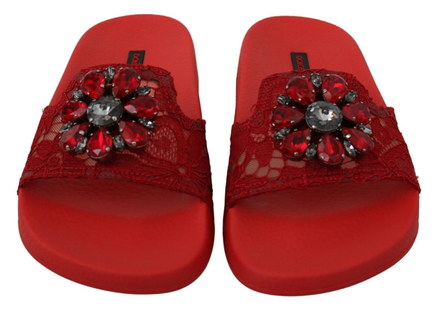 Dolce &amp; Gabbana Rote Spitze Kristall Sandalen Slides Strandschuhe