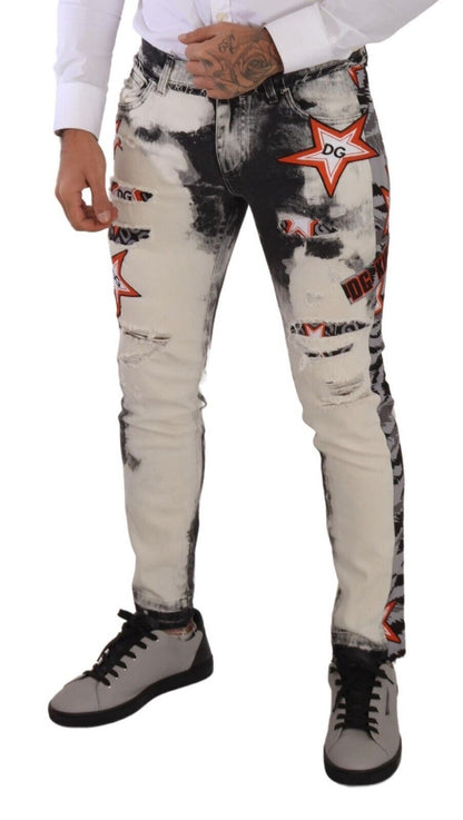 Dolce &amp; Gabbana – Skinny-Denim-Jeans aus Baumwolle in Distressed-Optik in Weiß und Schwarz