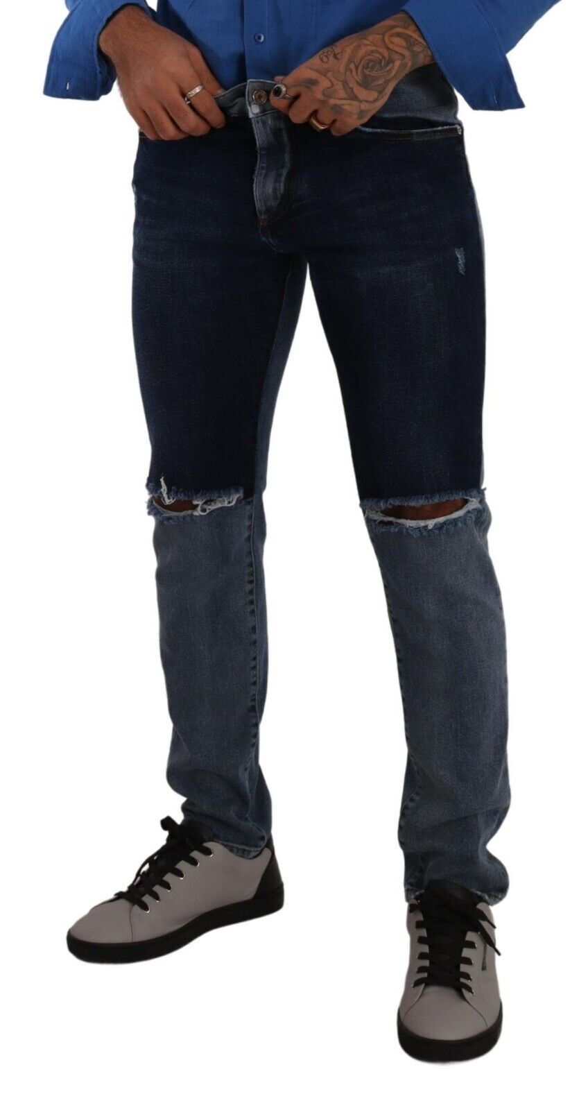 Dolce &amp; Gabbana Blaue, zweifarbige Slim-Denim-Jeans aus zerfetzter Baumwolle