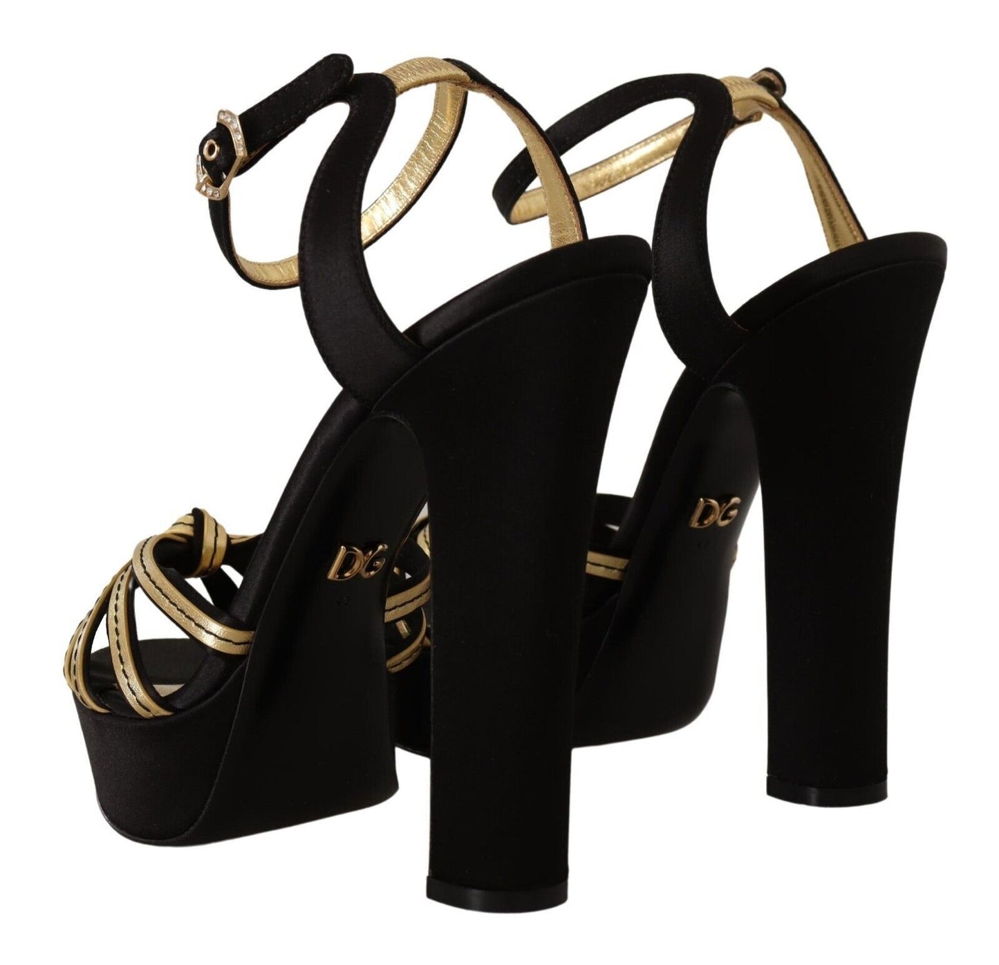 Dolce &amp; Gabbana Schwarzgoldene Viskose-Sandalen mit Knöchelriemen und Absatz