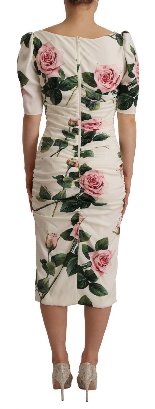 Dolce &amp; Gabbana Plissiertes Kleid aus Stretch-Seide mit weißem Rosen-Print