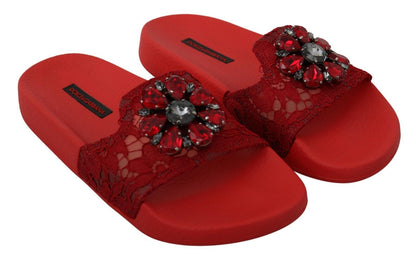 Dolce &amp; Gabbana Rote Spitze Kristall Sandalen Slides Strandschuhe