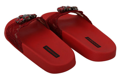 Dolce &amp; Gabbana Rote Spitze Kristall Sandalen Slides Strandschuhe