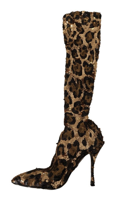 Dolce &amp; Gabbana Gold Leopard Pailletten Heels Stiefel Schuhe