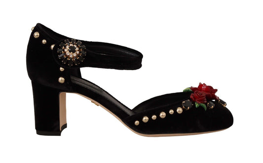 Dolce &amp; Gabbana – Schwarze, verzierte Sandalen mit Knöchelriemen und Absatz