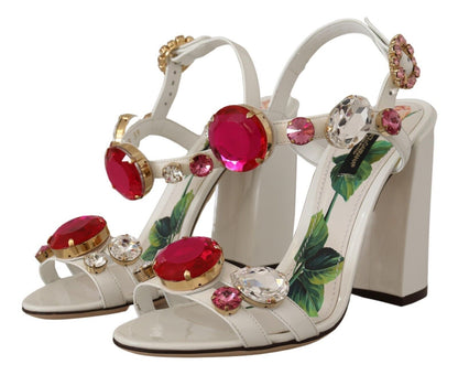 Dolce &amp; Gabbana weiße Lederkristall-Keira-Heels-Sandalen-Schuhe