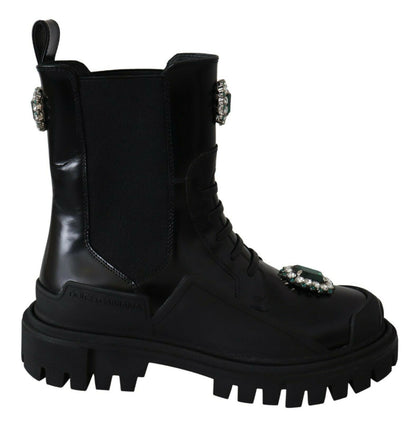 Dolce &amp; Gabbana Schwarze Leder-Kristall-Kampfstiefel