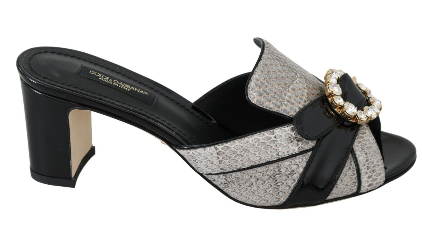 Dolce &amp; Gabbana Schwarz-graue exotische Leder-Sandalen mit Kristallen