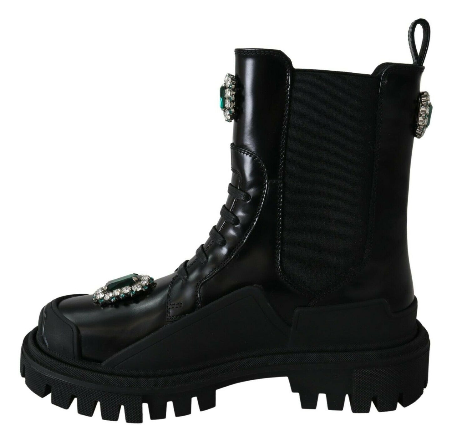 Dolce &amp; Gabbana Schwarze Leder-Kristall-Kampfstiefel