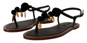 Dolce &amp; Gabbana Schwarze Ledermünzen Flip Flops Sandalen Schuhe