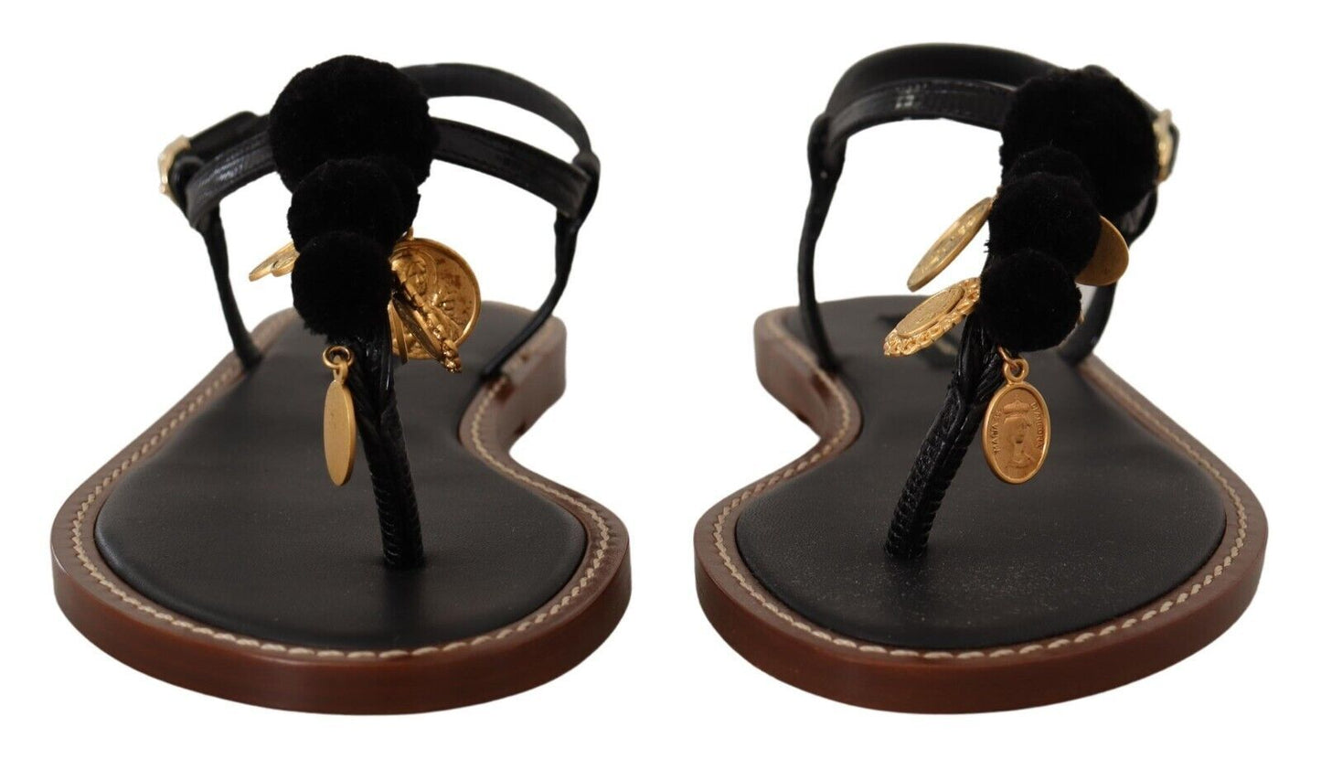 Dolce &amp; Gabbana Schwarze Ledermünzen Flip Flops Sandalen Schuhe