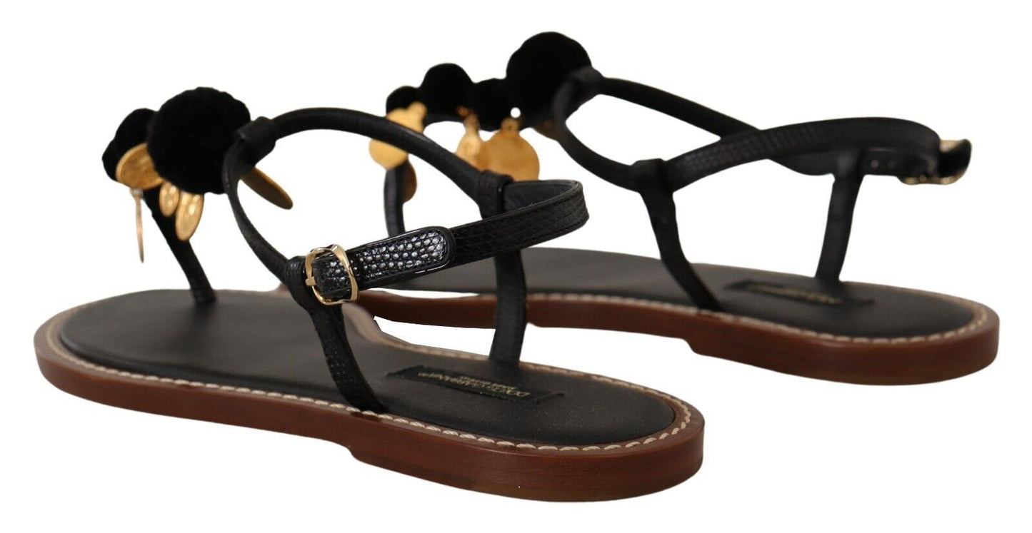 Dolce &amp; Gabbana Schwarze Ledermünzen Flip Flops Sandalen Schuhe