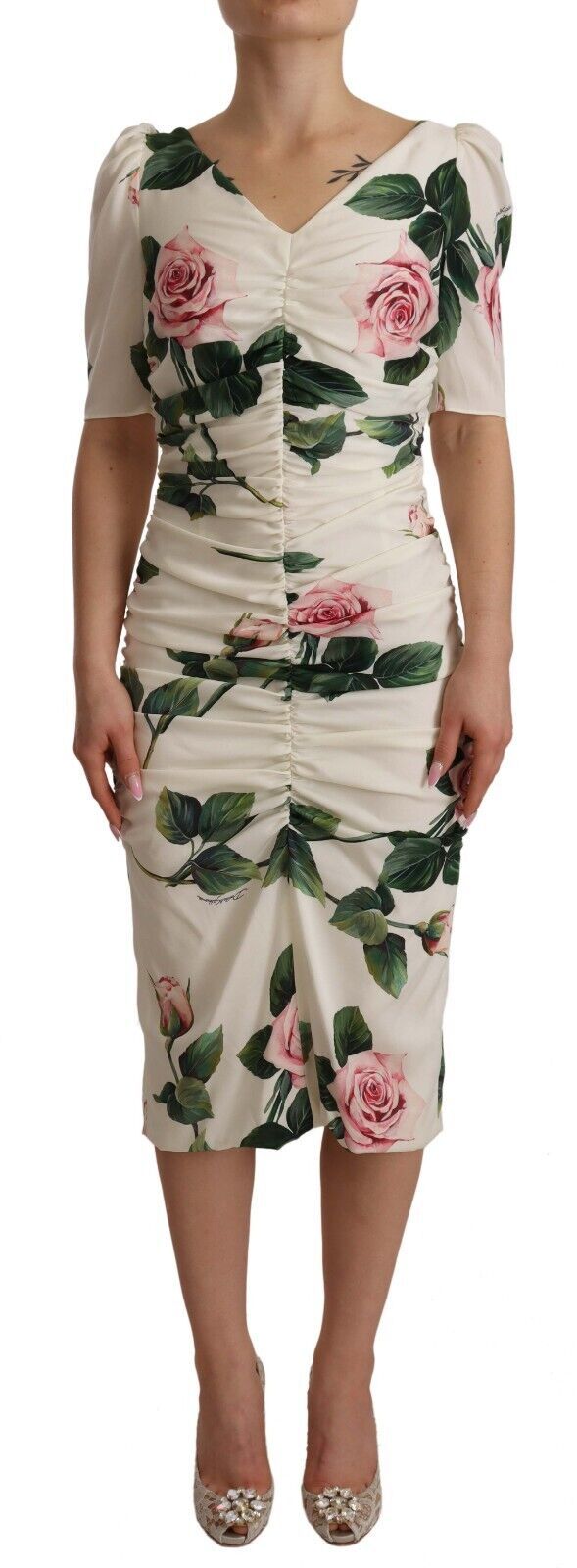 Dolce &amp; Gabbana Plissiertes Kleid aus Stretch-Seide mit weißem Rosen-Print