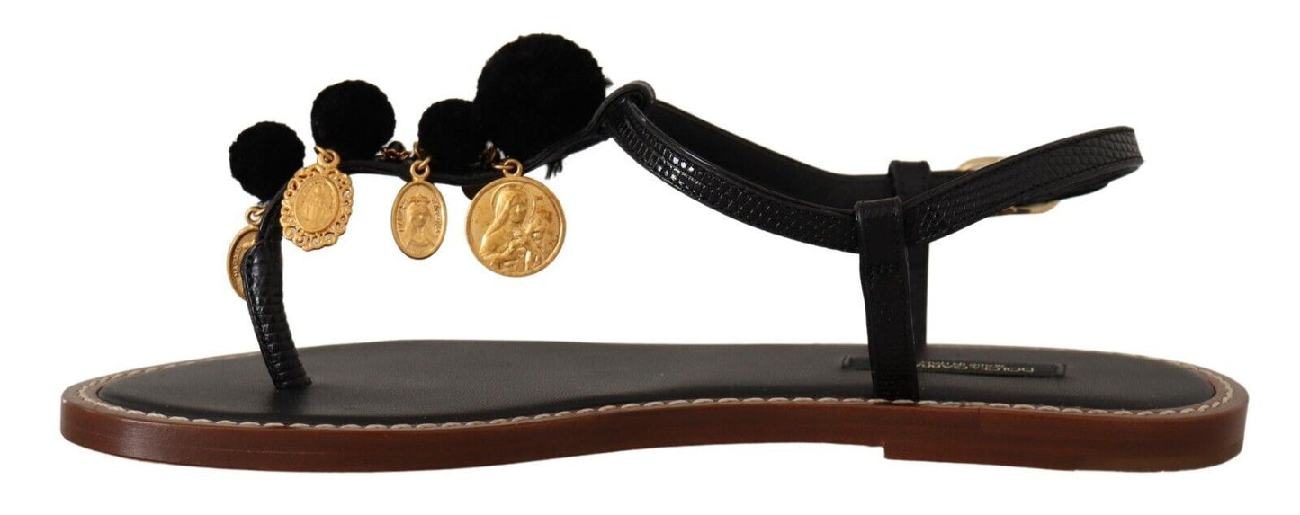 Dolce &amp; Gabbana Schwarze Ledermünzen Flip Flops Sandalen Schuhe