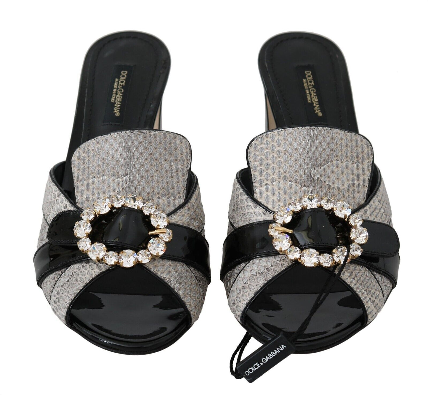 Dolce &amp; Gabbana Schwarz-graue exotische Leder-Sandalen mit Kristallen