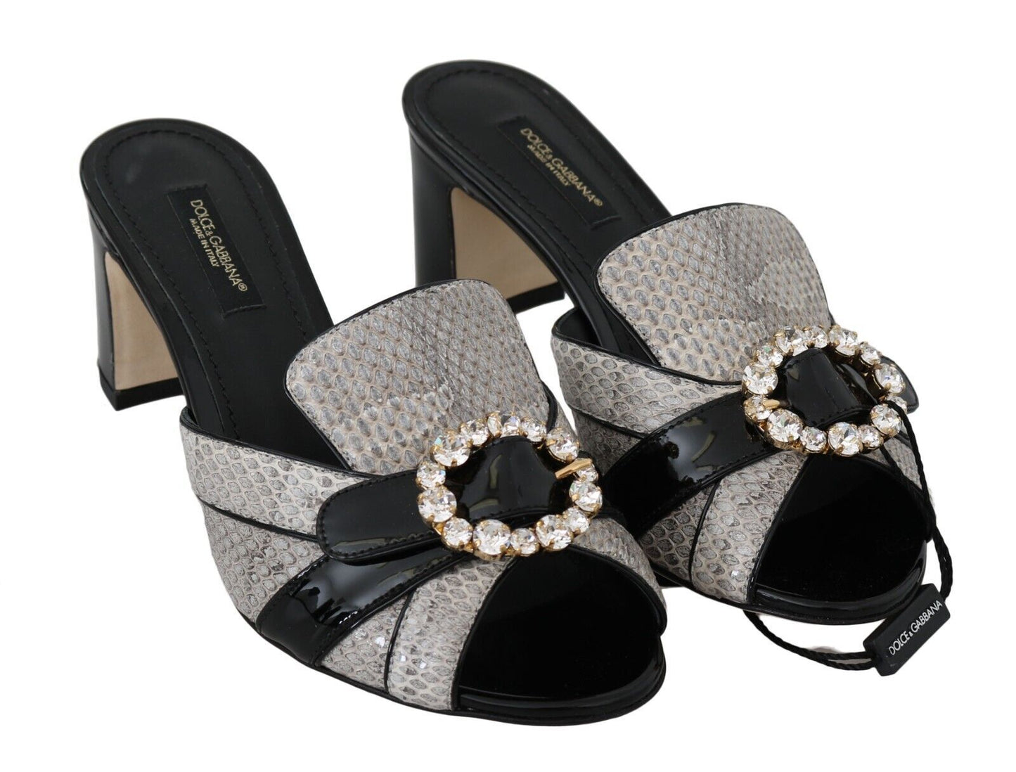 Dolce &amp; Gabbana Schwarz-graue exotische Leder-Sandalen mit Kristallen