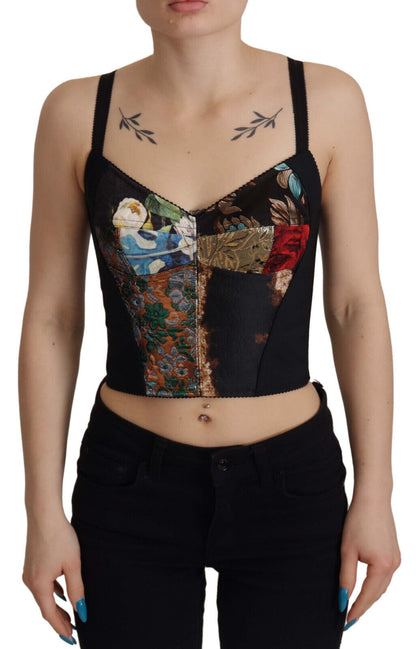 Dolce &amp; Gabbana Schwarzes Patchwork-Sizilien-Bluse-Korsett-Kurztop