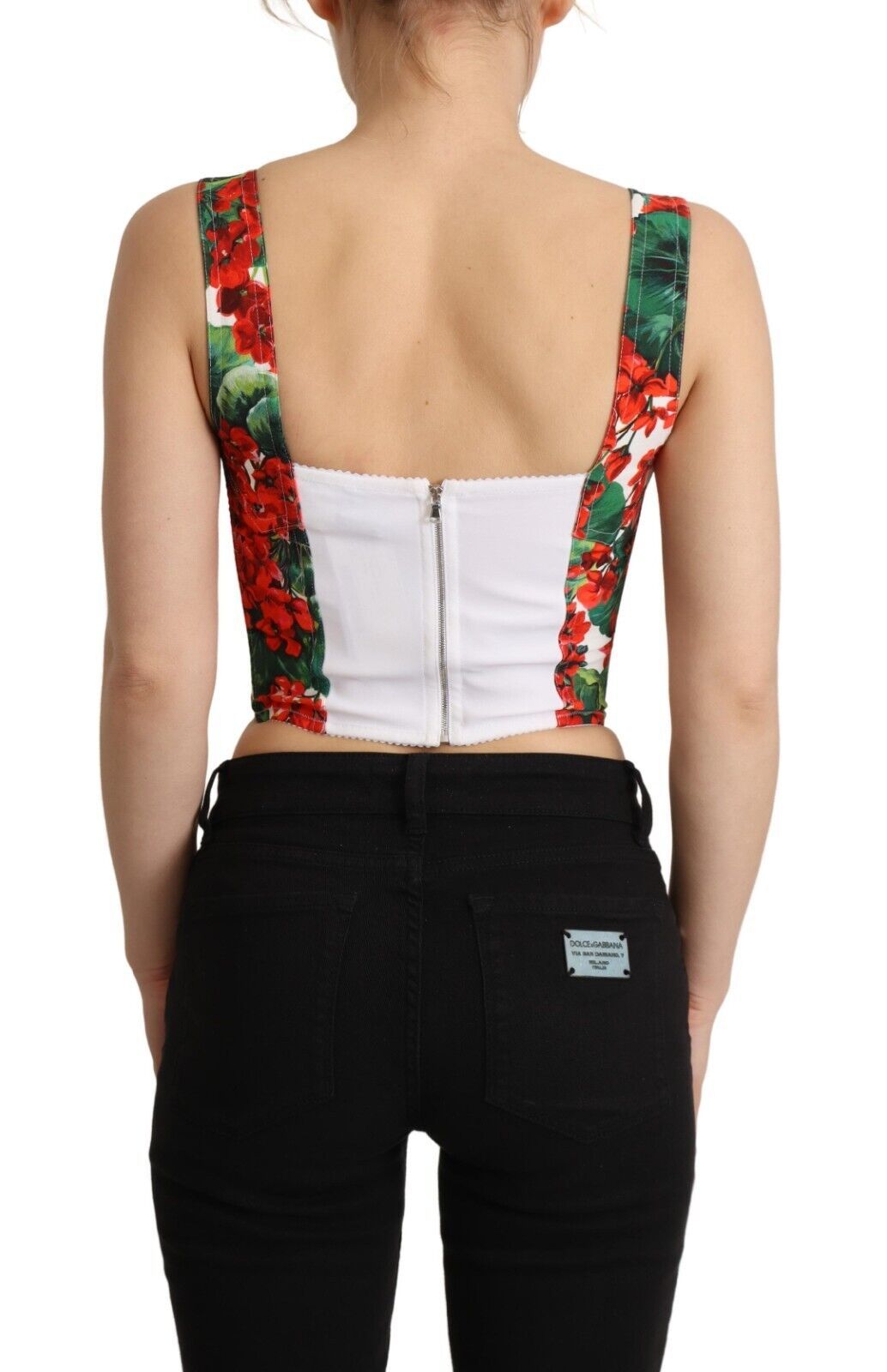 Dolce &amp; Gabbana Red Geranium Print Viskose Sweetheart Crop Top