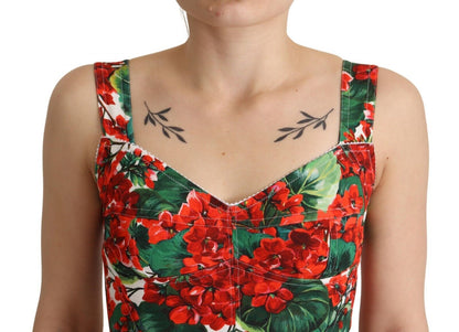 Dolce &amp; Gabbana Red Geranium Print Viskose Sweetheart Crop Top