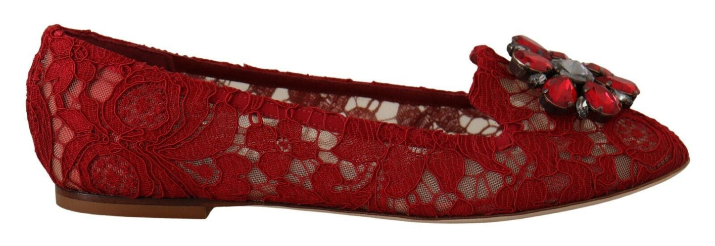 Dolce &amp; Gabbana Rote Spitze Kristall Ballerinas Loafers Schuhe