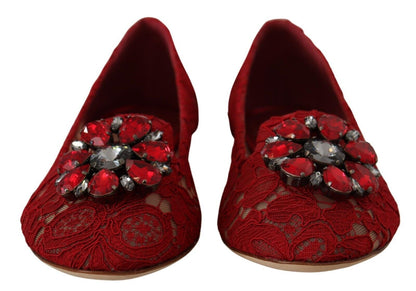 Dolce &amp; Gabbana Rote Spitze Kristall Ballerinas Loafers Schuhe