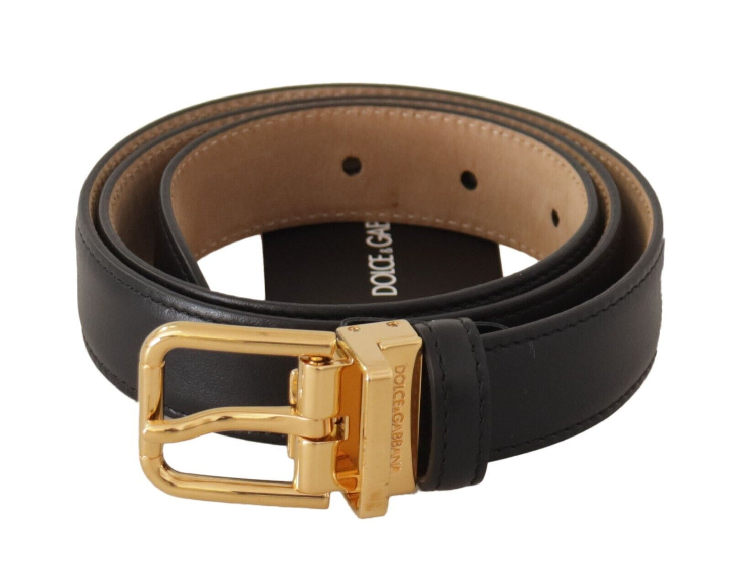 Dolce & Gabbana Elegant Black Leather Belt with Engraved Metal Buckle