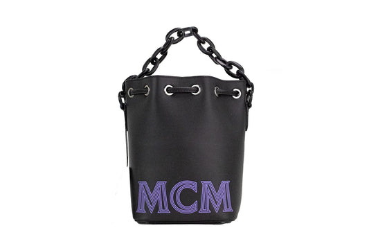 MCM Mini-Eimerhandtasche aus schwarzem, violettem Glattleder mit Kettenschulter und Kordelzug