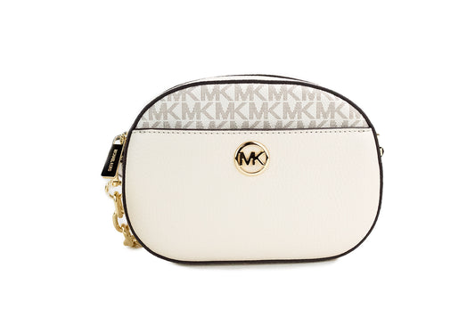 Michael Kors Jet Set Glam Light Cream Leather Oval Crossbody Bag Purse